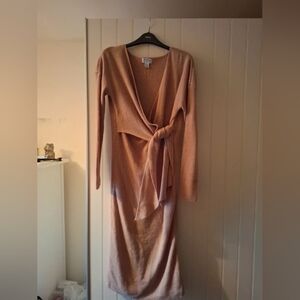 Elegant Tan Knit Dress with Tie Waist